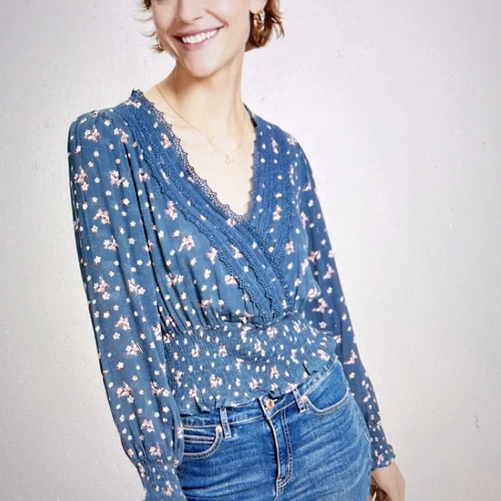 Self Esteem V-Neck Blouse with Crochet Trim and Smocked at hem and Sleeves - Picture 1 of 7